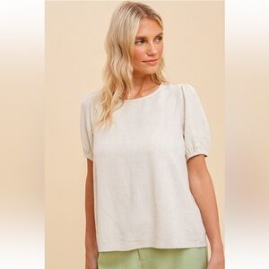 20.❤️Women’s Linen Blend Woven Puff Sleeve Top Textured Neutral Oatmeal Cream